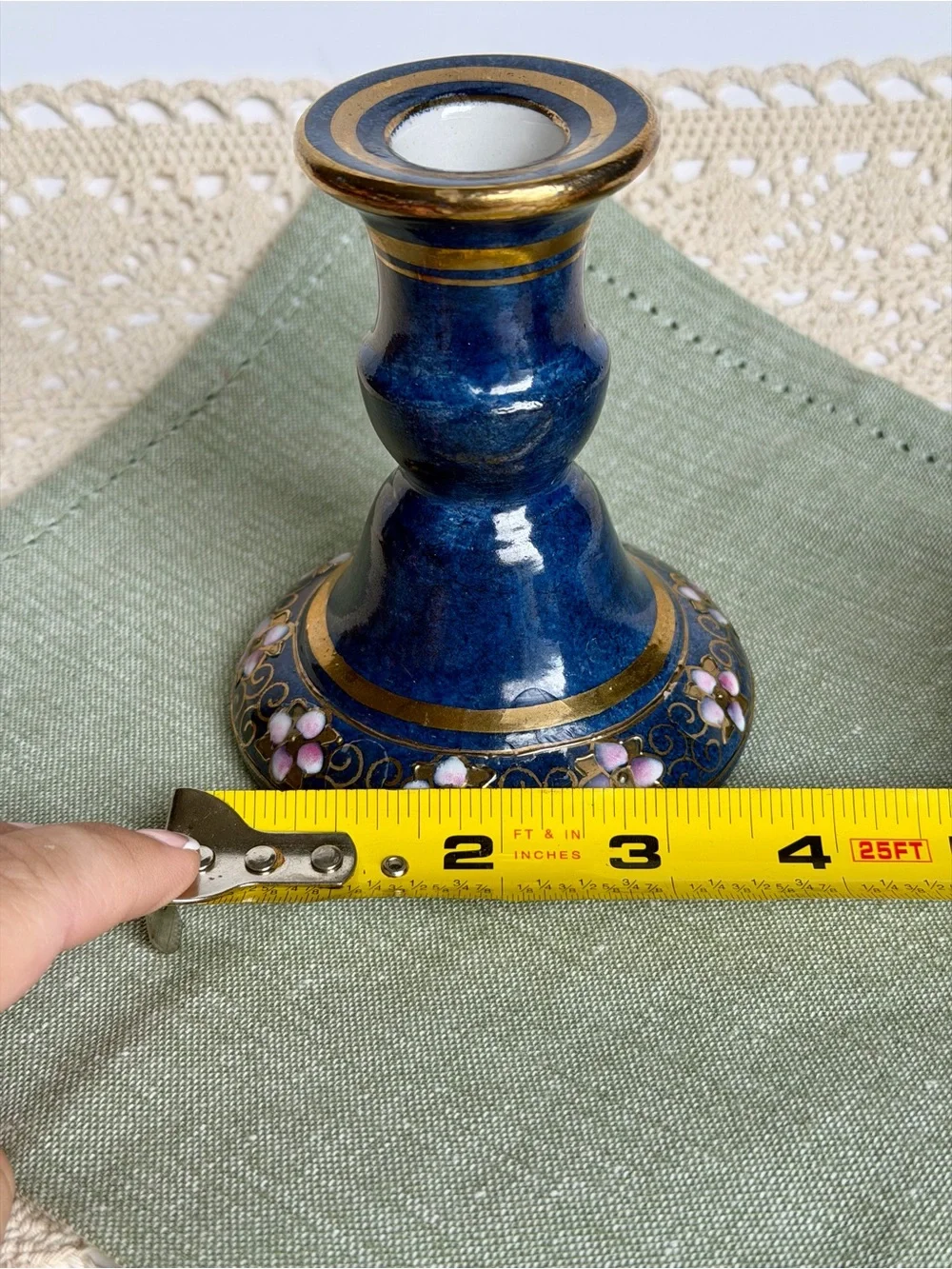 Vintage Blue Cloisonné Style Porcelain Candlestick Holder Gold Floral Decor